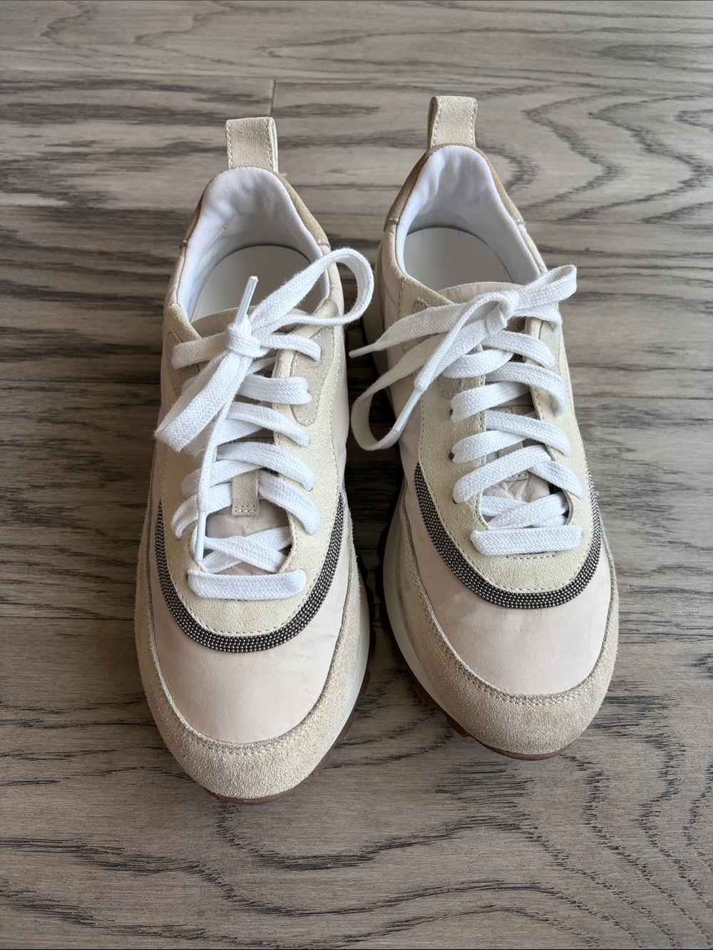 Brunello Cucunelli  Beige & White Low-Top Fashion Sneakers